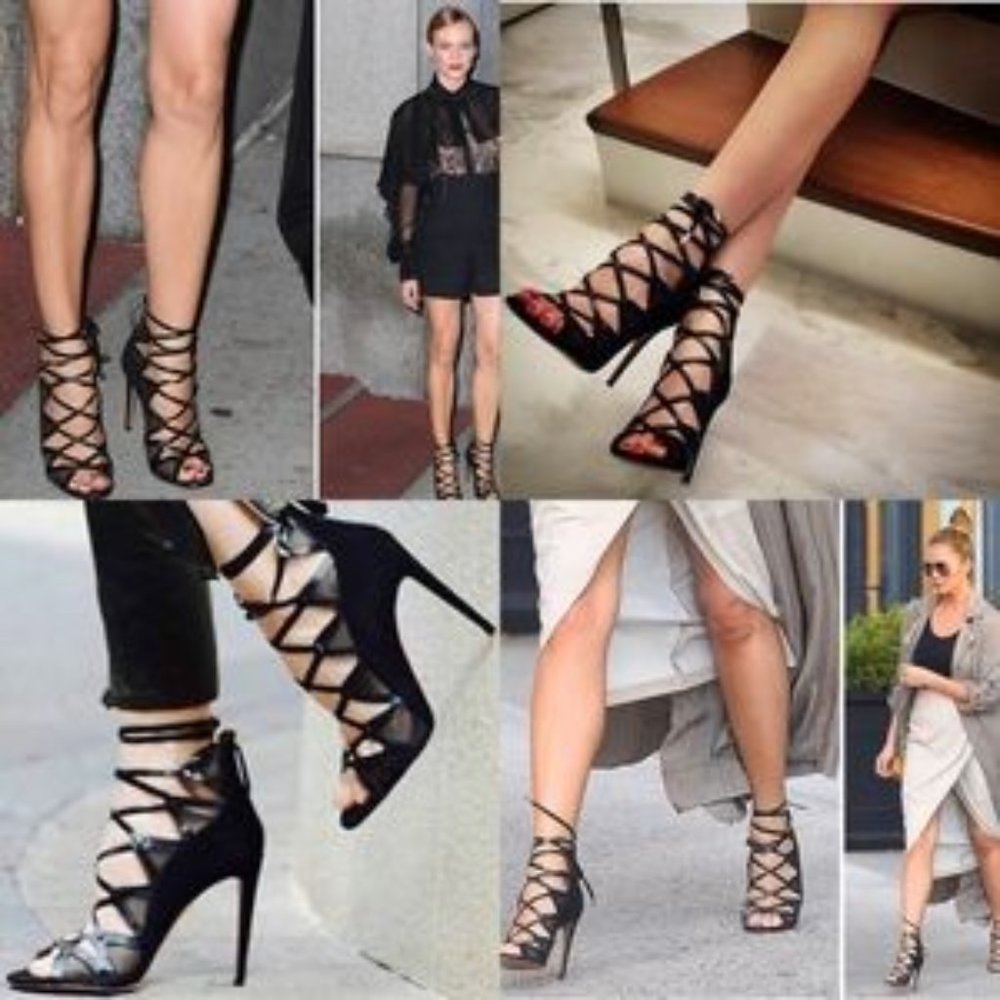 NEW Aquazzura Black French Lover Lace Up Sandals Heels - Size 37/US 7